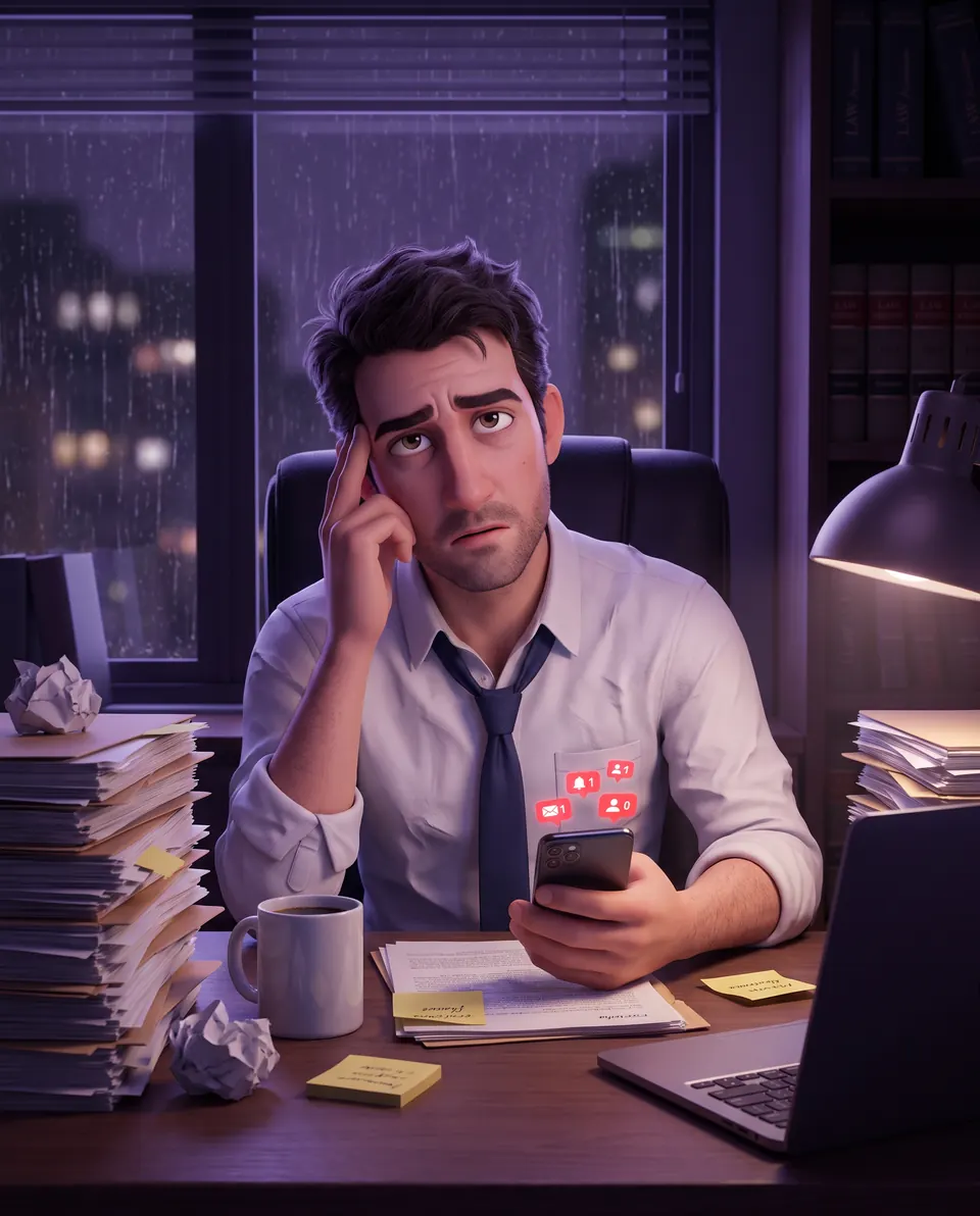 Flávio, advogado, cansado no escritório à noite, cercado de papéis