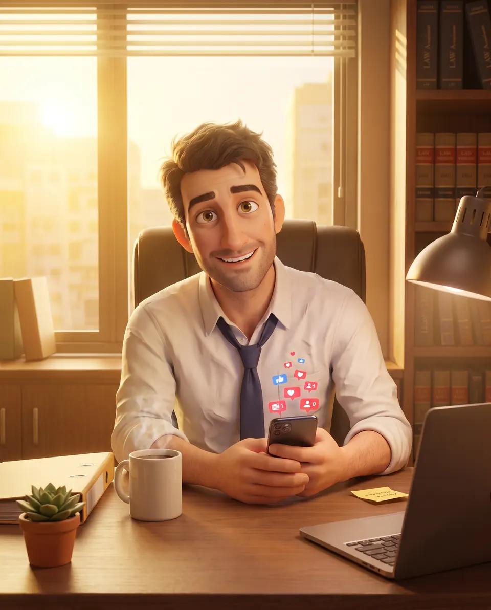 Flávio sorrindo no escritório de manhã, com o post pronto no celular